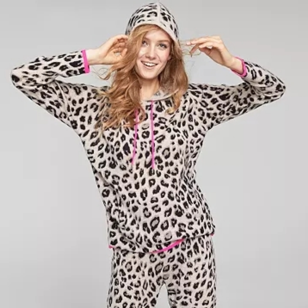 Charter Club Cashmere Pearl Taupe Leopard Print Sweater with Hot Pink Accents